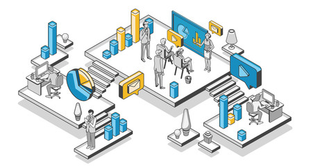 Marketing strategy, financial analytic company, agency working process in office, business people planning, analyzing statistics data, doing presentation, isometric 3d vector illustration, line art