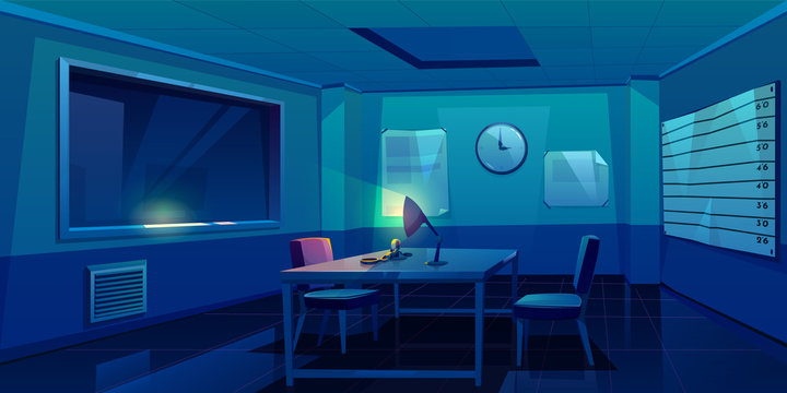 Interrogation room in police station, dark empty interior for questioning crimes with handcuffs and glowing lamp on table, place for interview arrested people in night time Cartoon vector Illustration