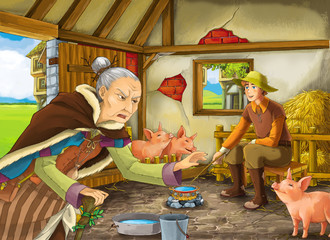 Obraz na płótnie Canvas Cartoon scene with old woman witch or sorceress and farmer rancher in the barn pigsty illustration for children