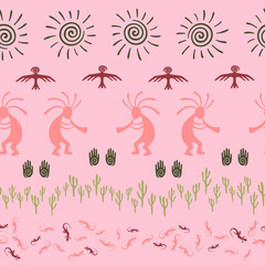 Naklejka premium Mythical, design with gecko, Kokopelli fertility god, sun, bird, cacti.