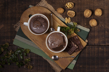 Walnuts and hot chocolate top view