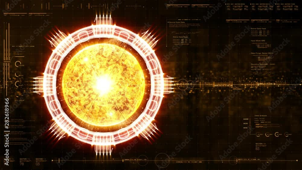 Fototapete Advance motion graphic futuristic user interface head up display screen with Holographic fusion particles machine Simulation with gravitational fields energy particles wave and digital data telemetry 