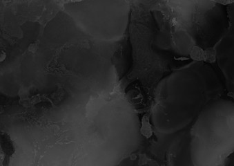 Hand painted black alcohol ink background. Abstract delicate gray texture. Contemporary wallpaper. Fog effect.