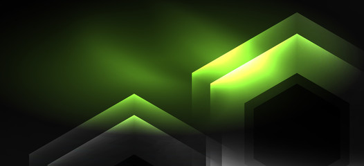 Neon color hexagon shapes, lines on black background. Modern template for web backdrop design. Abstract geometric frame