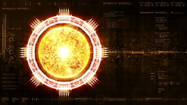 Advance motion graphic futuristic user interface head up display screen with Holographic fusion particles machine Simulation with gravitational fields energy particles wave and digital data telemetry 