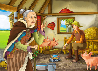 Cartoon scene with old woman witch or sorceress and farmer rancher in the barn pigsty illustration for children