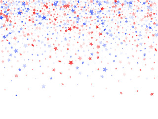 Flying red blue white star sparkles on white vector american patriotic background.