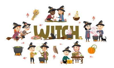 Cute boys and girls witch set. Witches and Witchers in black hats gather mushrooms and herbs, brew potions, fly on a broomstick and make magic. Vector illustration
