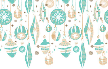 Hanging Christmas ornaments seamless border. Retro abstract illustration design. Vector