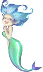 Fantasy hand drawn illustration of a cute and beautiful cartoon mermaid