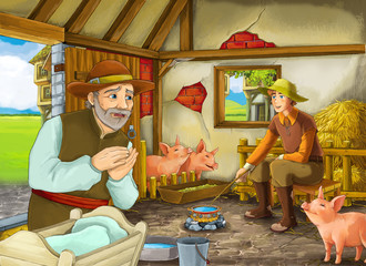 Cartoon scene with two farmers ranchers in the barn pigsty illustration for children
