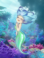 Obraz na płótnie Canvas Fantasy hand drawn illustration of a cute and beautiful cartoon mermaid