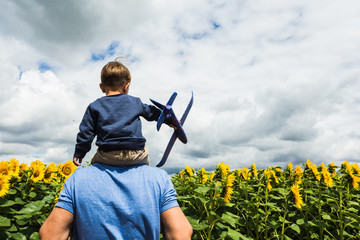 Father and son playing with a toy airplane near the sunflower field
