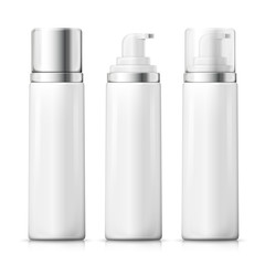 Vector set - 3d realistic foam bottles with silver and plastic caps. Mock-up for product package branding.