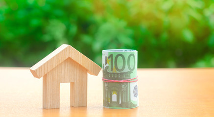 Euro banknotes stand near a wooden house. Concept of real estate market budget. Investment in...
