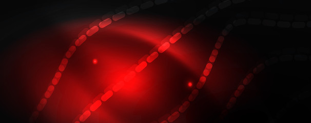 Smoky glowing waves in the dark. Dark abstract background with neon color light and wavy lines. Vector