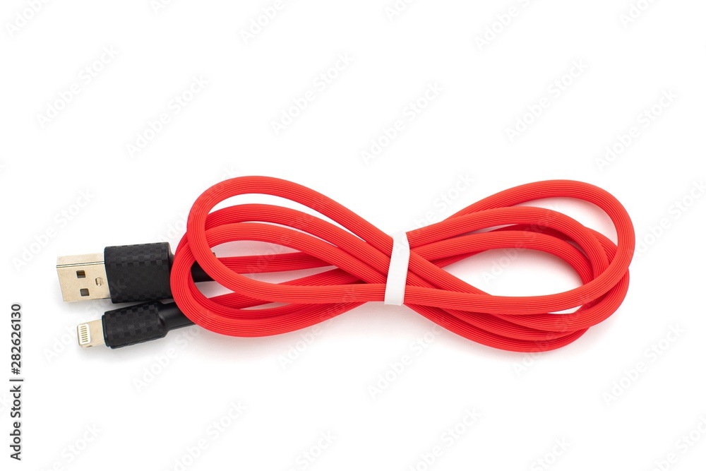 Wall mural red usb cable for smartphone isolated on white background. top view