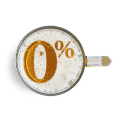 Symbol non alcoholic beer on the beer foam in glass isolated on white background. Top view