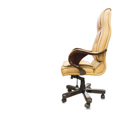 The profile view of office chair from yellow leather. Isolated