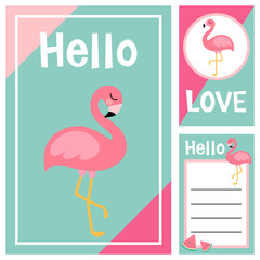 Flamingo Poster Note Sticker, Note Paper and Stickers Set with Vector Funny Animals Illustration Vector, Template for Greeting Scrapbook, Sticker Set for Organizer