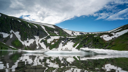 Lake with reflection and ice floe behind a mountain in greenery and snow