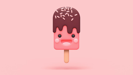 3d digital illustration of cute kawaii character fruit ice cream with smiling face on pink background. Concept art colorful tasty funny cartoon pink strawberry and chocolate ice cream with sprinkling. © roman3d