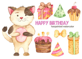 Watercolor set with cute cartoon cats, balloons, gifts. Illustration for children's birthday, cards, invitations, posters, baby design.
