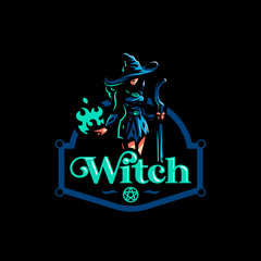 Woman witch with a magic broom 