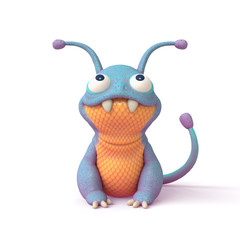 3d illustration of a cute little cartoon blue monster with a yellow belly sitting on white background. Concept art character of smiling frog mutant. Alien creature. Funny monster dragon with big teeth © roman3d