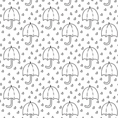 Seamless pattern with umbrella and drops of rain in black. Perfect for wallpaper, gift paper, pattern fills, web page background, autumn greeting card, pillow