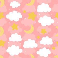 Cloud Cute Seamless Pattern Background with star moon and shiny dot, Vector illustration