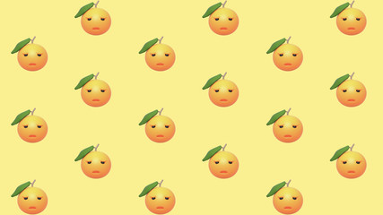 Obraz premium 3d digital illustration of seamless pattern with oranges on yellow background. Cute sad orange smiley face. Healthy food funny Emoji Mandarin. Fresh ripe grapefruit with leaf. Bright citrus wallpaper.