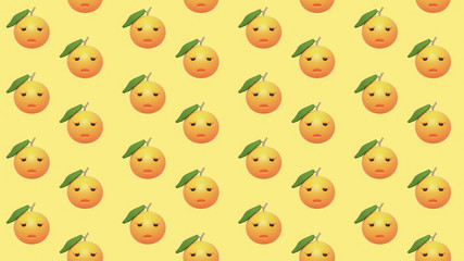 Fototapeta premium 3d digital illustration of seamless pattern with oranges on yellow background. Cute sad orange smiley face. Healthy food funny Emoji Mandarin. Fresh ripe grapefruit with leaf. Bright citrus wallpaper.