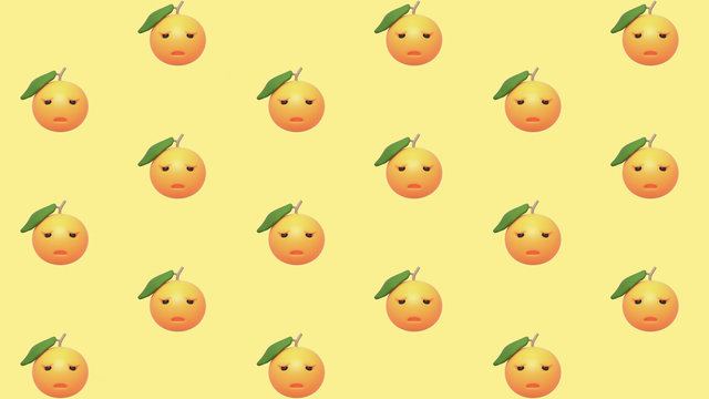 3d digital illustration of seamless pattern with oranges on yellow background. Cute sad orange smiley face. Healthy food funny Emoji Mandarin. Fresh ripe grapefruit with leaf. Bright citrus wallpaper.