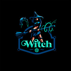 Woman witch with a magic broom