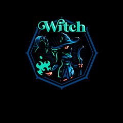 Woman witch with a magic broom 