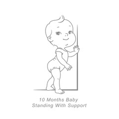 Little baby of 10 month.  Physical, emotional development milestones in first year.  Cute little baby boy or girl  in diaper standing. First steps.. Infographics  with text. Vector illustration.