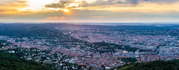 Germany, XXL panorama of stuttgart city skyline and cityscape of countless houses in basin...