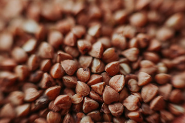 Macro close-up photo of buckwheat groats. Texture background grain buckwheat groats. Image food product porridge buckwheat