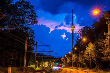 Germany, Tall building of television tower stuttgart called fernsehturm behind streets of traffic...