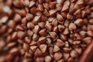 Macro close-up photo of buckwheat groats. Texture background grain buckwheat groats. Image food product porridge buckwheat