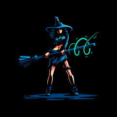 Woman witch with a magic broom 