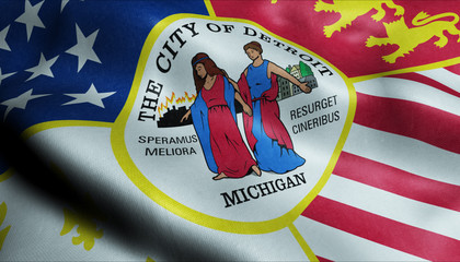 3D Waving Flag of Detroit City Closeup View