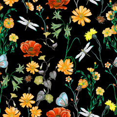 Seamless floral pattern of garden wildflowers