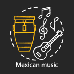 Mexican music chalk concept icon. Latino acoustic sound party. Mariachi band instruments. Drum, guitar, musical symbols idea. Vector isolated chalkboard illustration