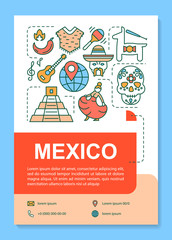 Mexico brochure template layout. Mexican culture, holidays. Flyer, booklet, leaflet print design with linear illustrations. Vector page layouts for magazines, annual reports, advertising posters