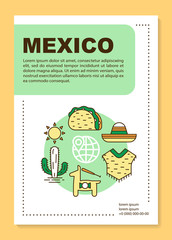 Mexico brochure template layout. Mexican culture and nature. Flyer, booklet, leaflet print design with linear illustrations. Vector page layouts for magazines, annual reports, advertising posters