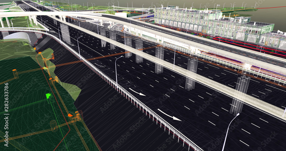Wall mural the bim model of the object of transport infrastructure of wireframe view