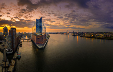 sunrise in Hamburg Germany with aerial view of the Elbphilharmonie