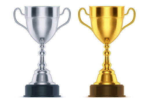 3d silver and golden cups, set of realistic trophy